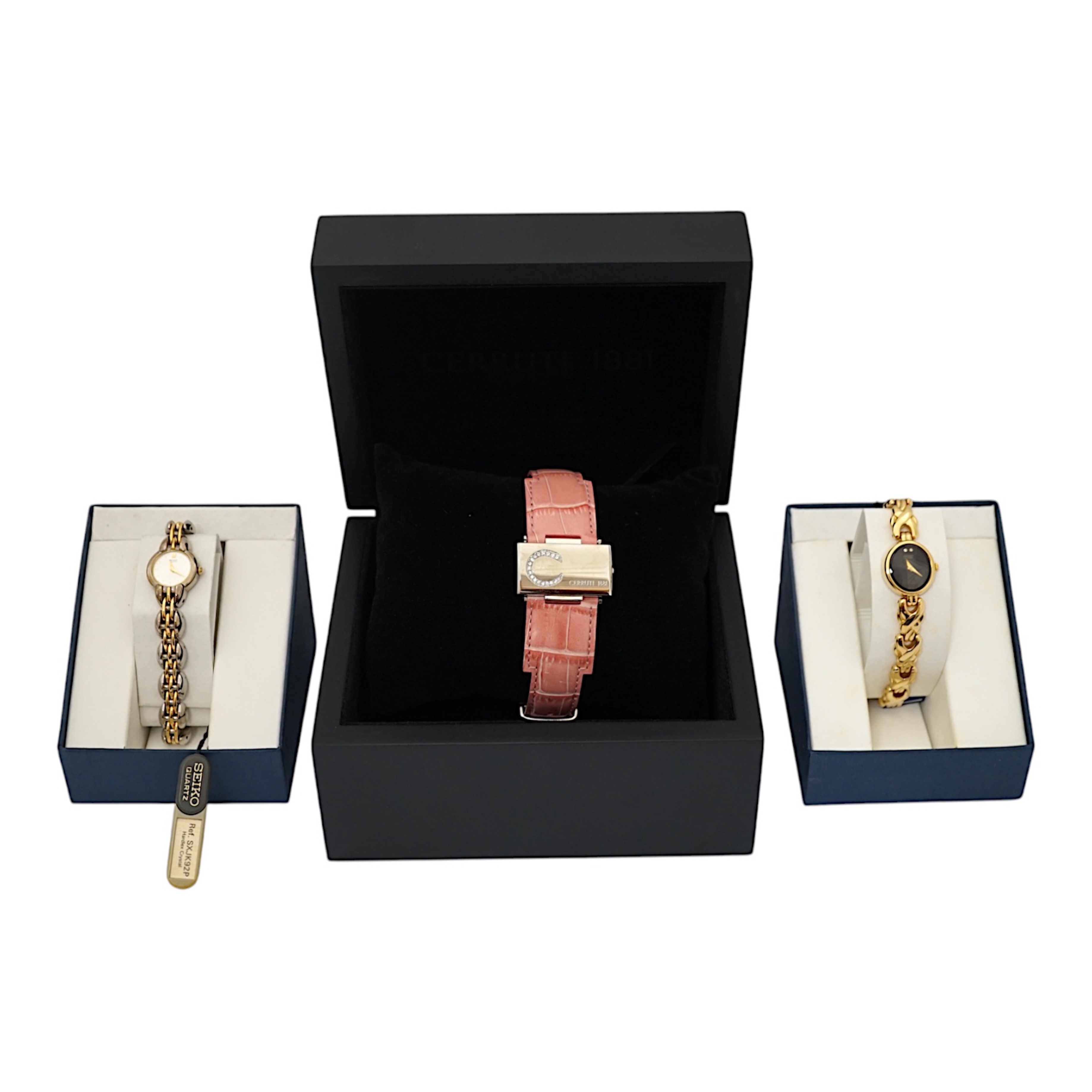 Two lady's Seiko new boxed wrist watches and a new Cerruti 1881 steel quartz with a pink leather strap in original box.